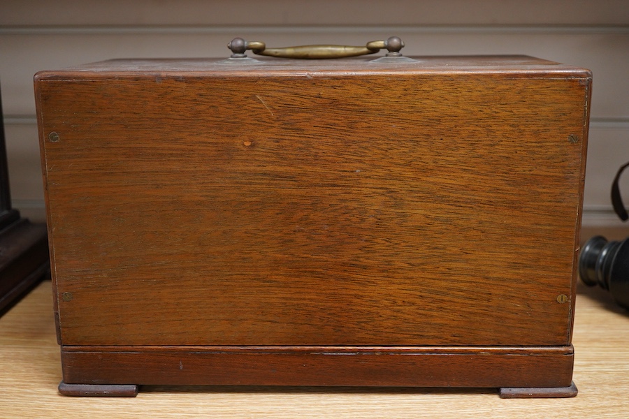 A late 19th century teak cased barograph, without maker’s mark, hinged lid with glazed front, 32.5cm wide, 20cm high, 17cm deep